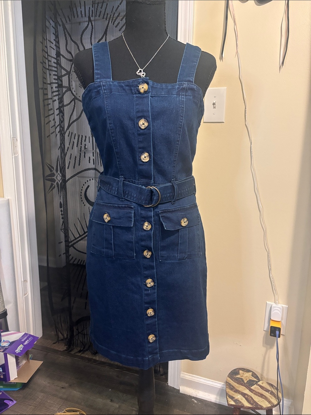 Derek Heart Dark Blue Denim Button-Front Midi Dress with Belt